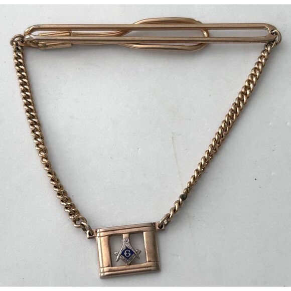 Vintage Swank Masonic Tie Bar Chain Pendant Gold Tone Blue Freemason Symbol - Picture 1 of 4
